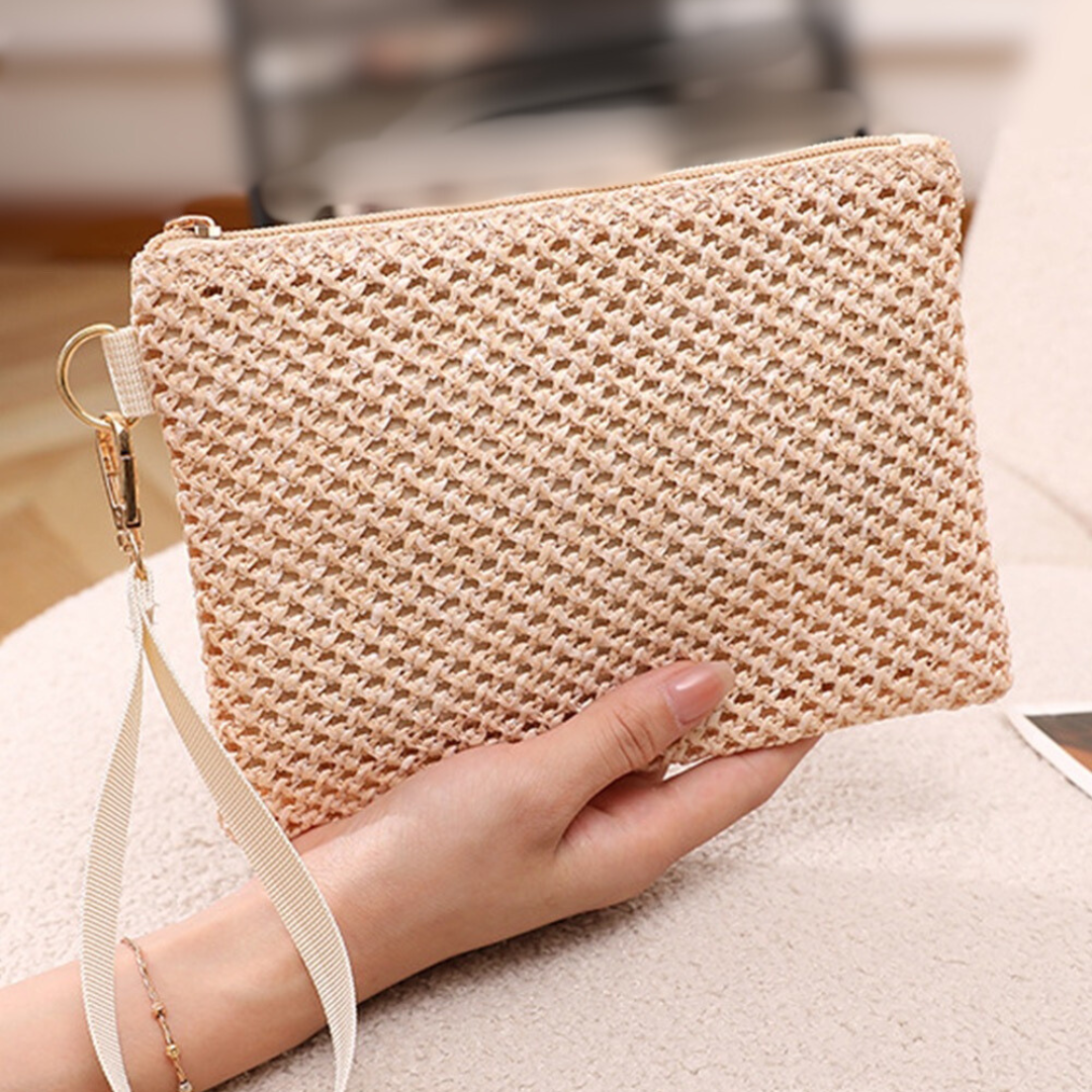 Beige woven zipper  wrist strap purse