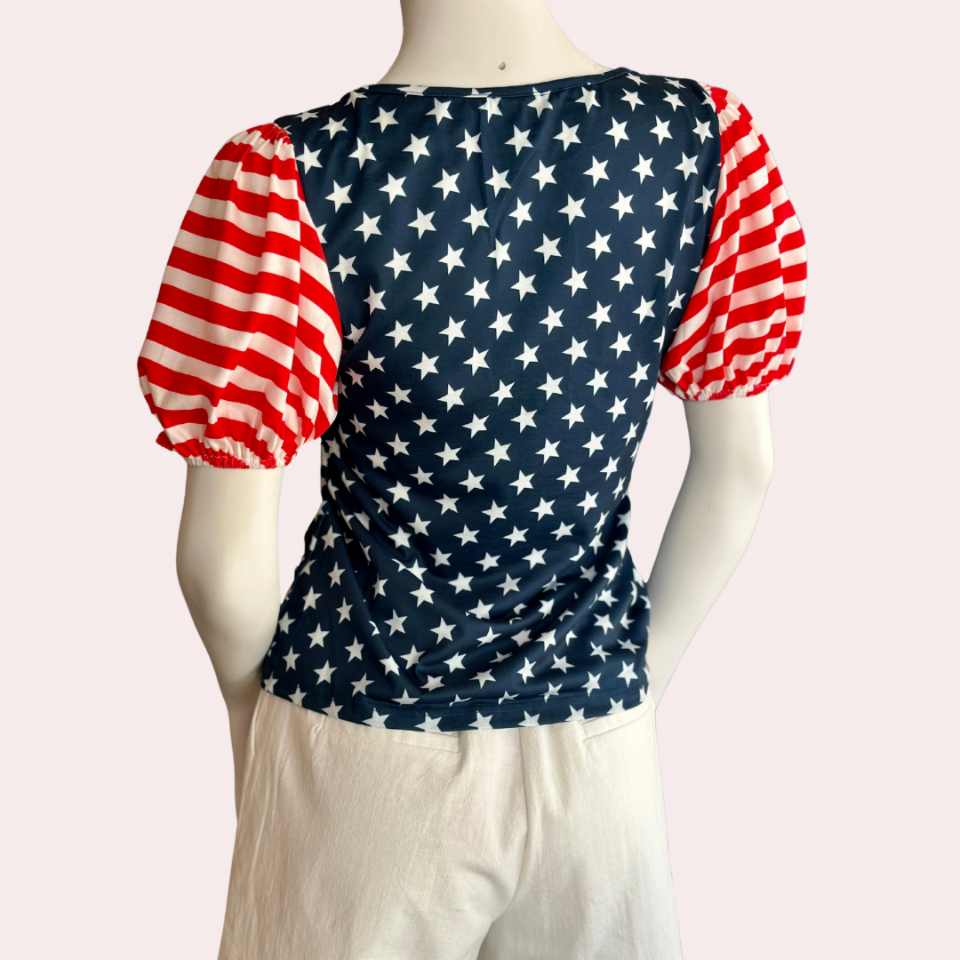 Navy 4th of July Stars & Stripes puff sleeve shirt