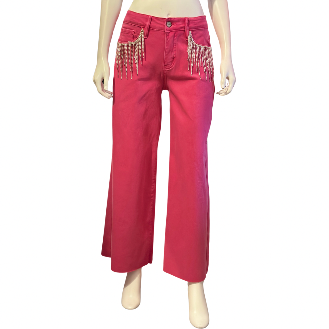 Pink Tummy Control Rhinestone Fringe Cropped Wide Leg Jeans