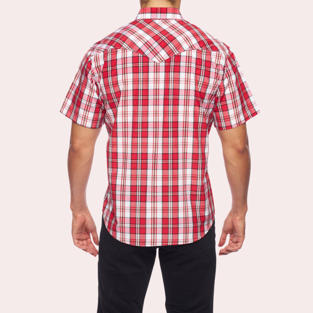 Red western short sleeve plaid shirt with pearl snaps