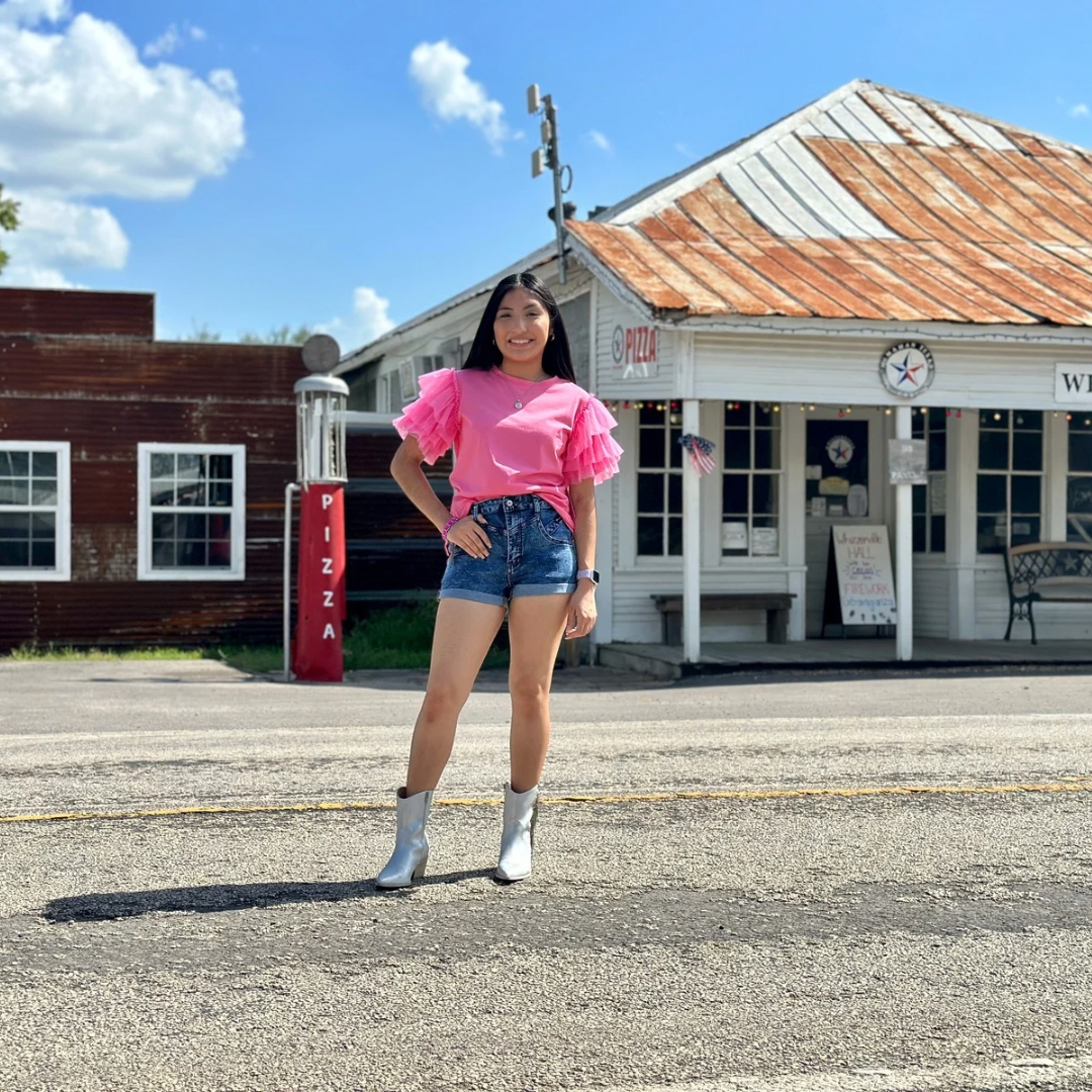 Pink tulle ruffle sleeve top