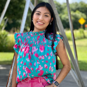 Green floral flutter sleeve top