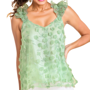 Sage 3D floral top with ruffle sleeves