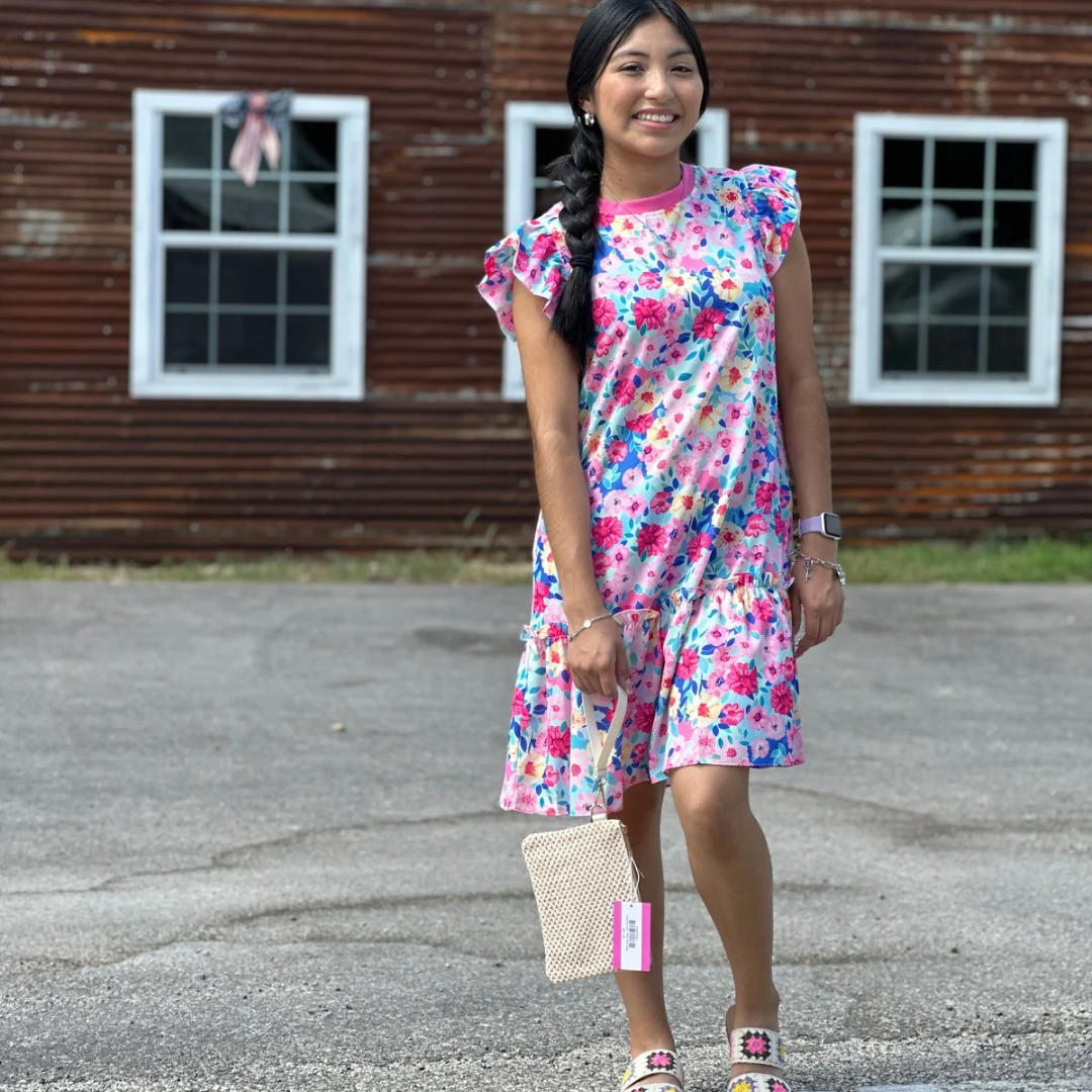 Floral print flutter sleeve ruffle dress