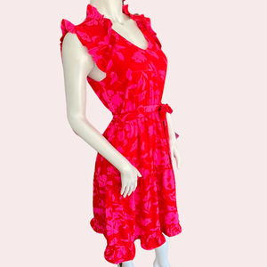 Red flower print dress with flutter sleeves