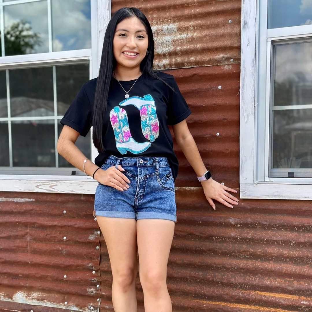 Black sequin western boots T-shirt