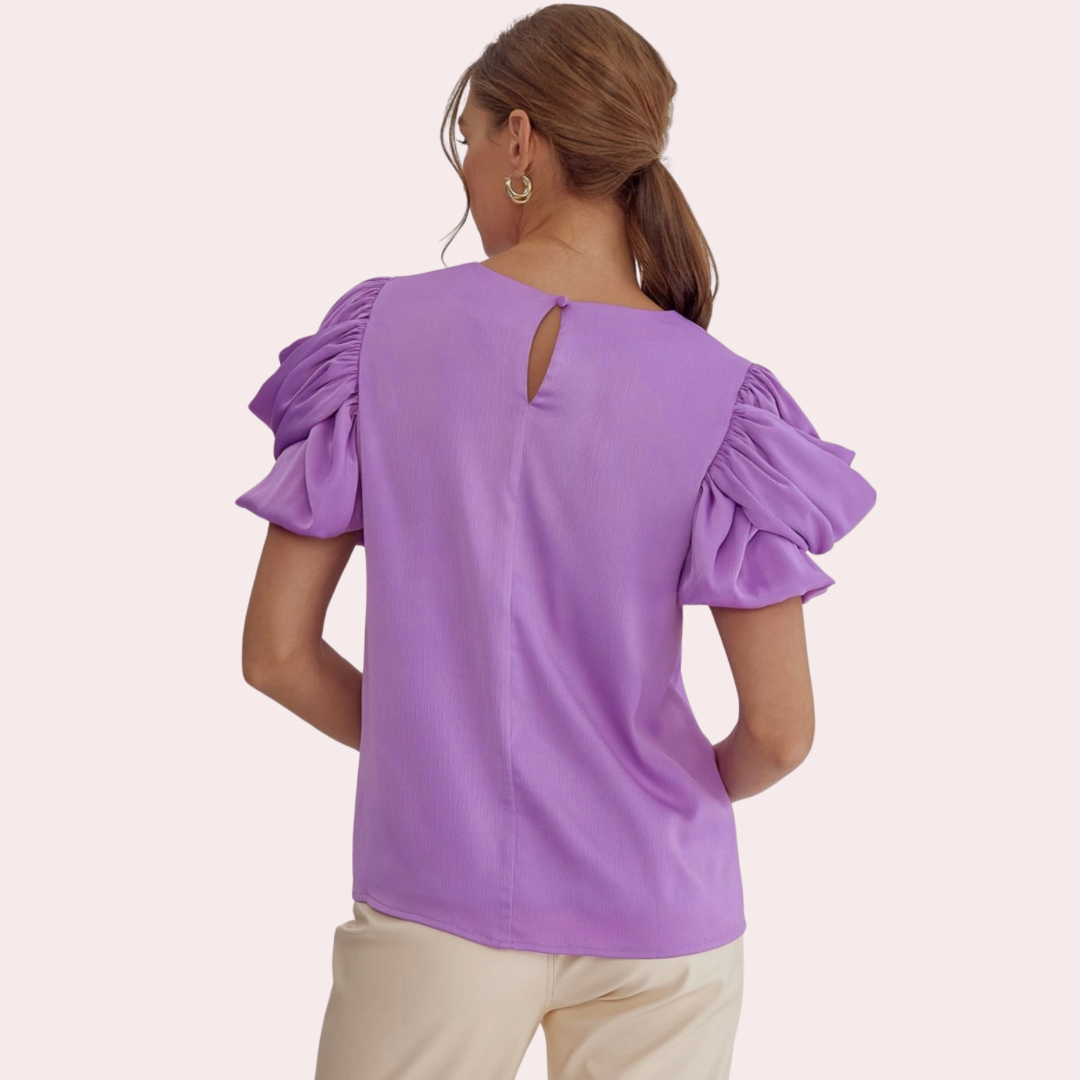 Lilac top with ruched sleeves