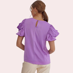 Lilac top with ruched sleeves