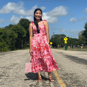 Pink floral dress with tie shoulder straps