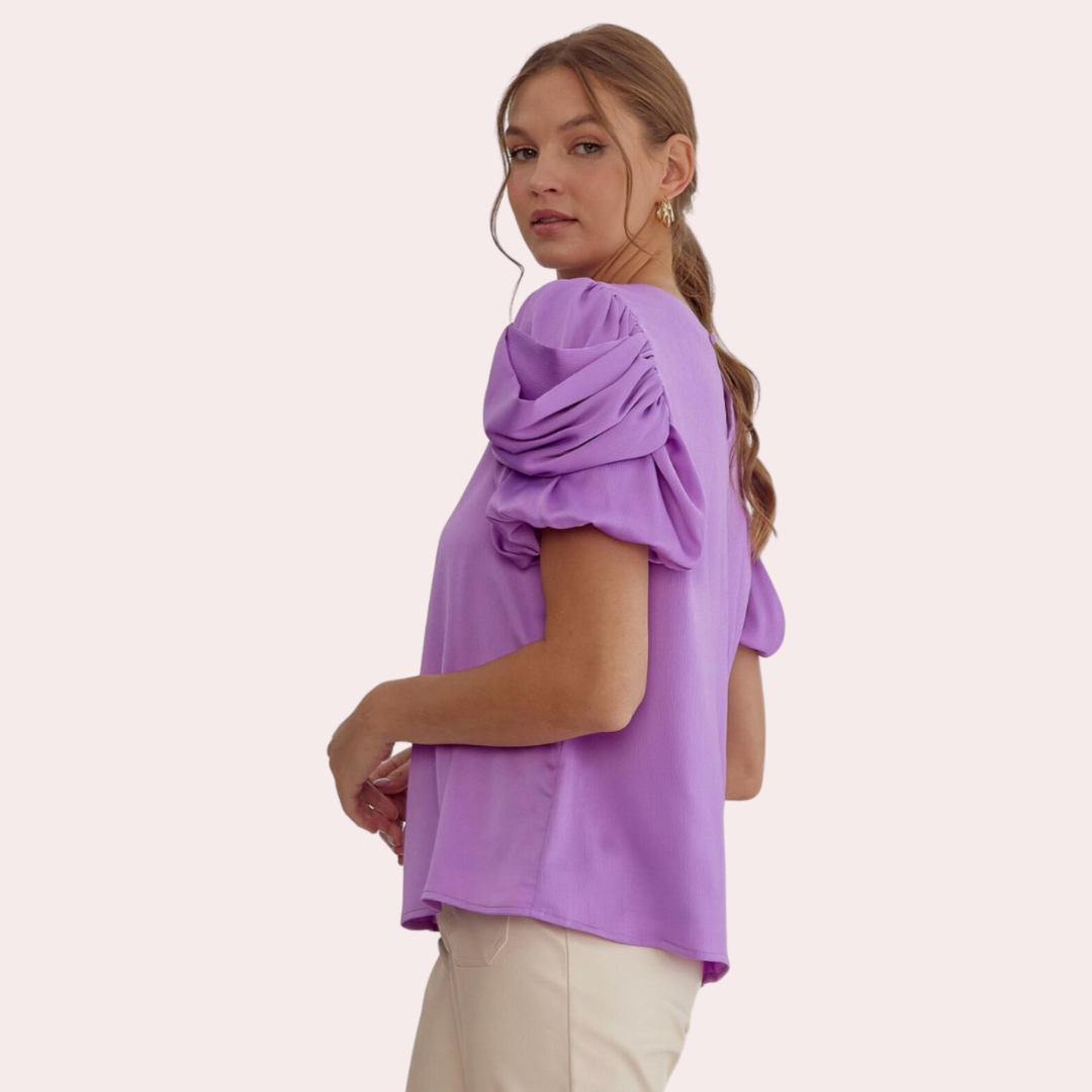 Lilac top with ruched sleeves