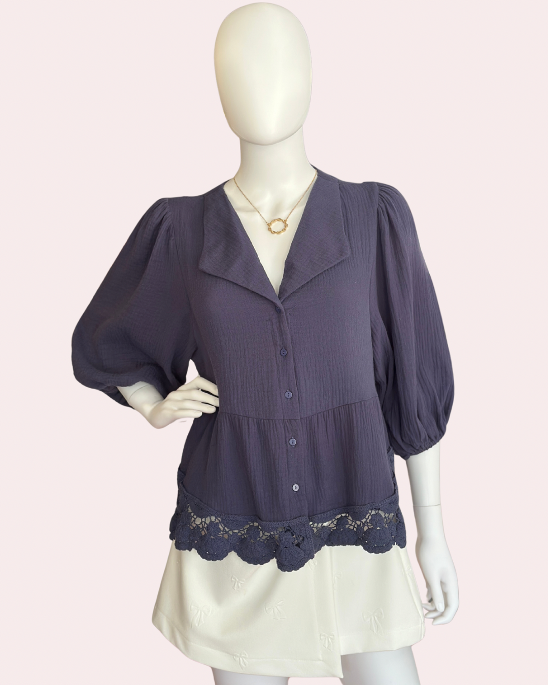 Navy button down top with lace hem