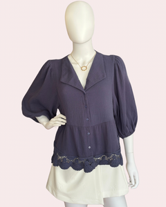 Navy button down top with lace hem