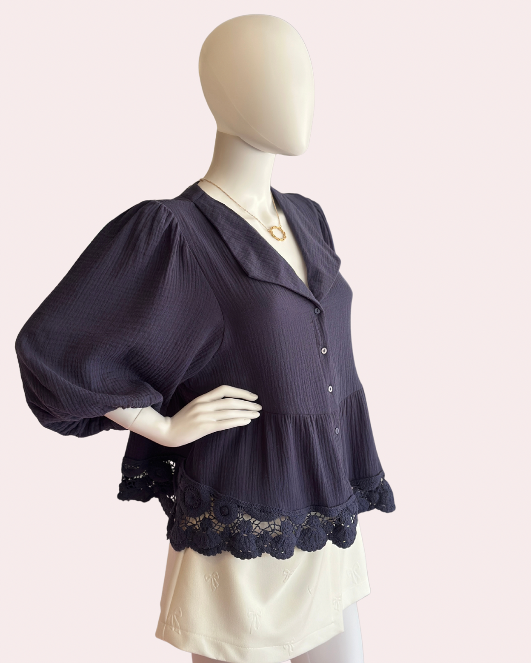 Navy button down top with lace hem