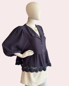 Navy button down top with lace hem