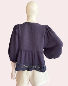 Navy button down top with lace hem