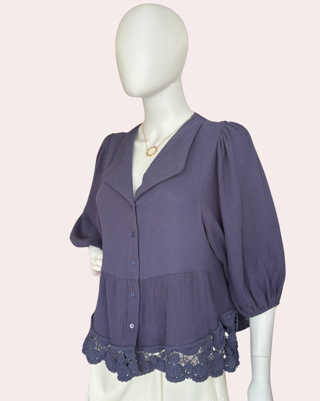 Navy button down top with lace hem