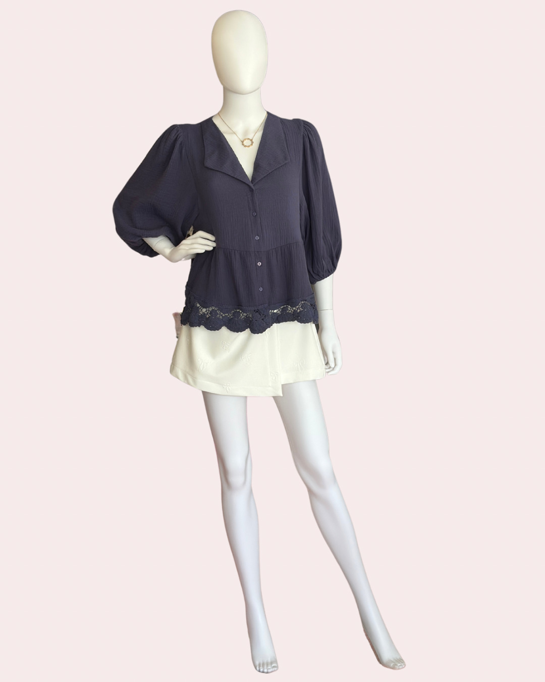 Navy button down top with lace hem