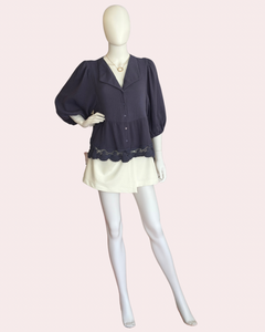 Navy button down top with lace hem