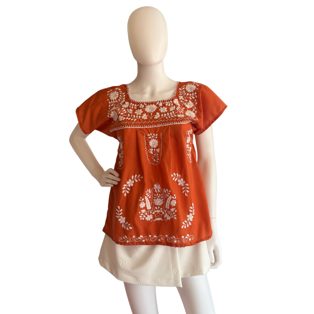 Burnt orange Mexican full embroidered blouse
