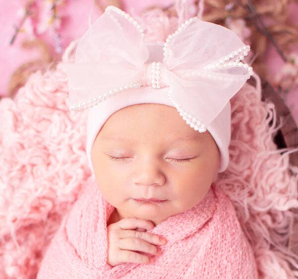 Pink chiffon pearl bow newborn hospital beanie