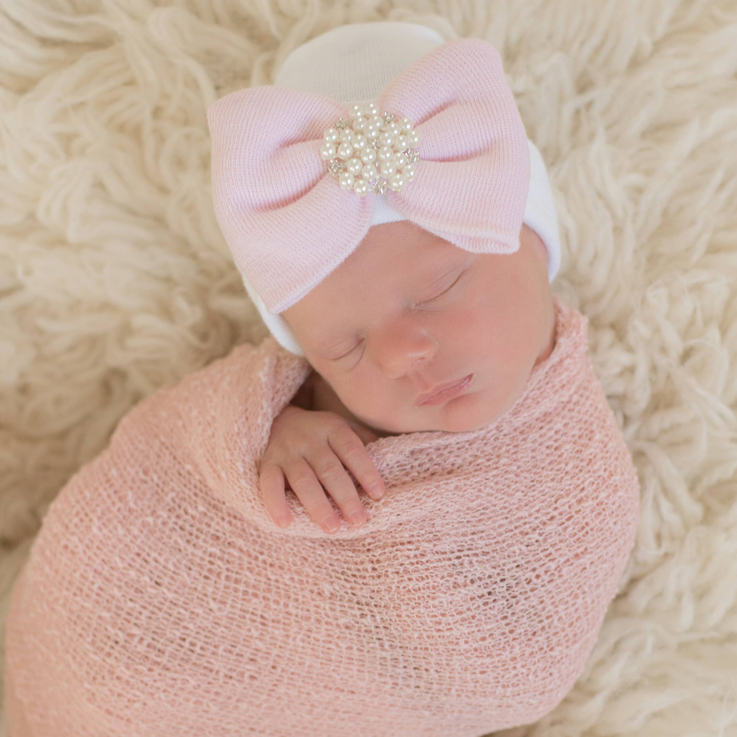 Pink & white bow infant beanie