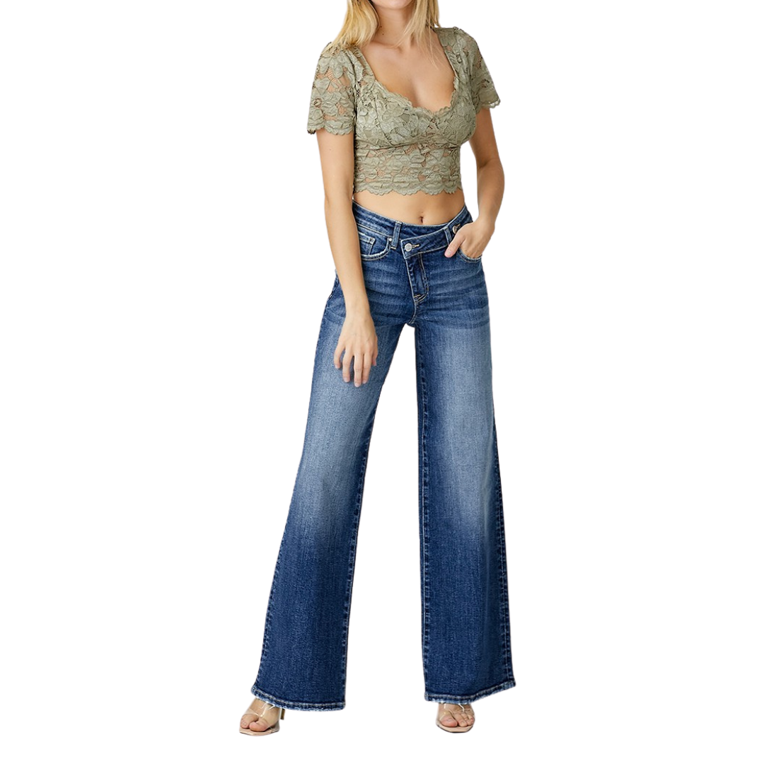 Mid-rise crossover wide leg jeans