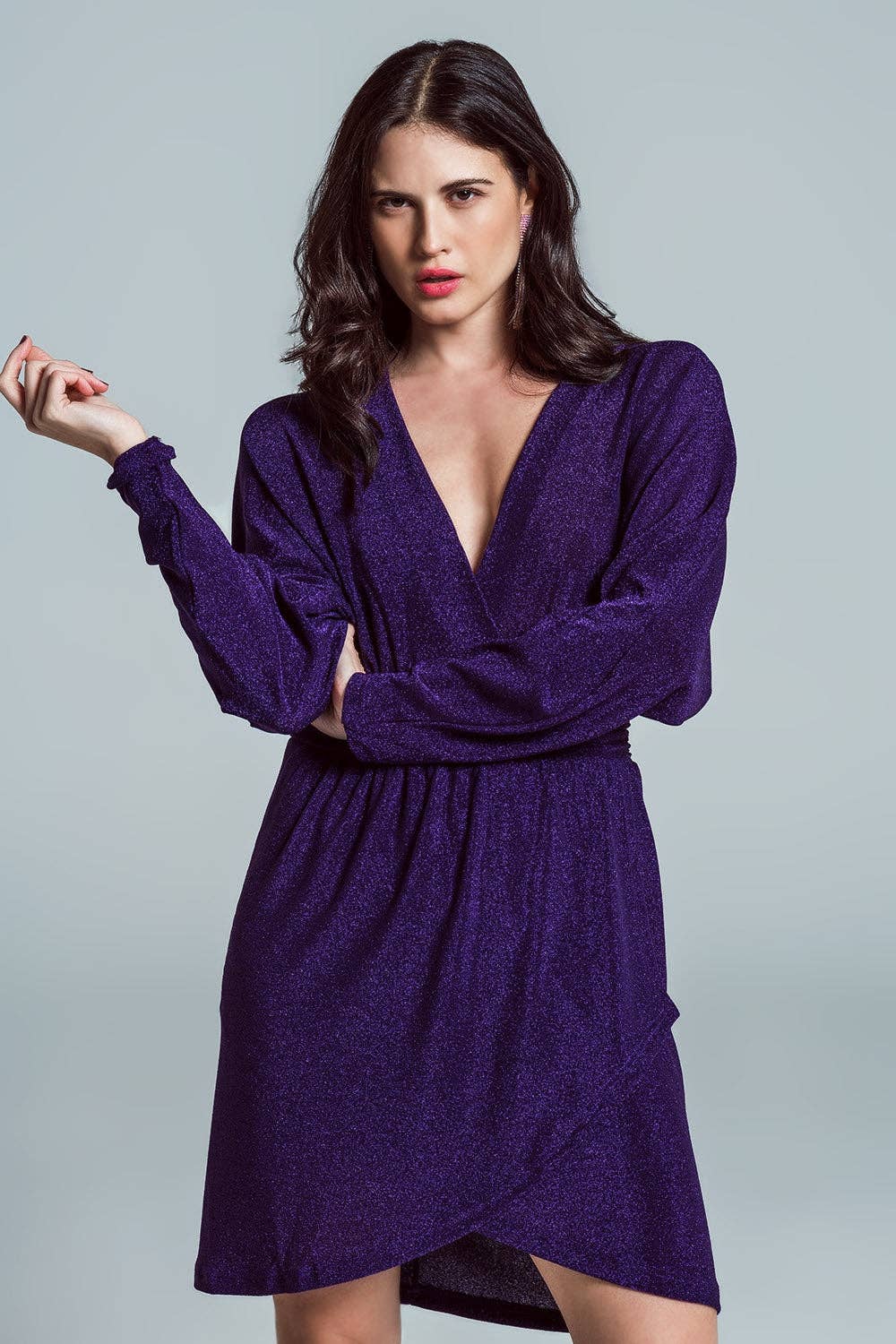 Purple Mini length glitter dress with deep V neck