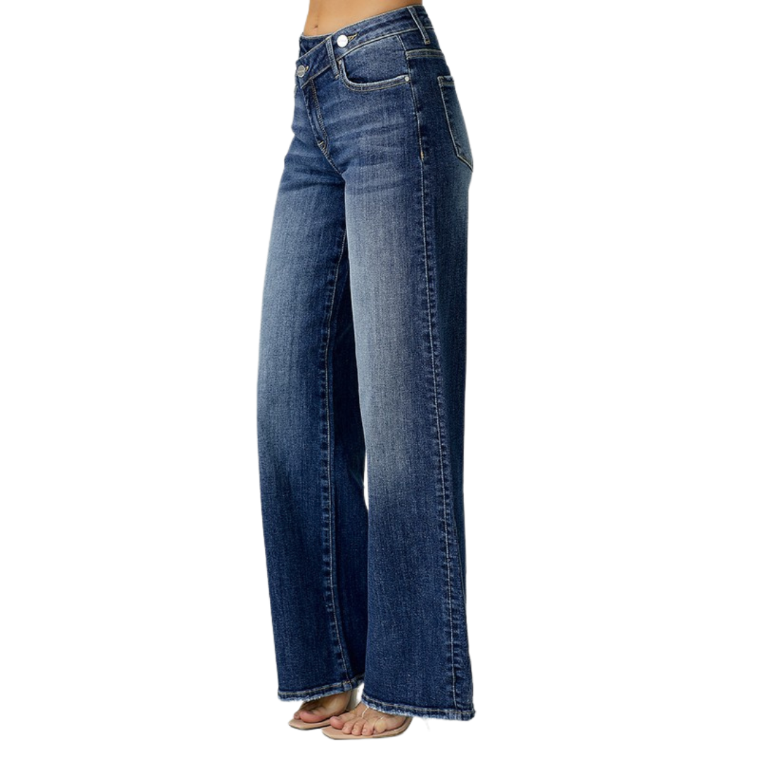 Mid-rise crossover wide leg jeans