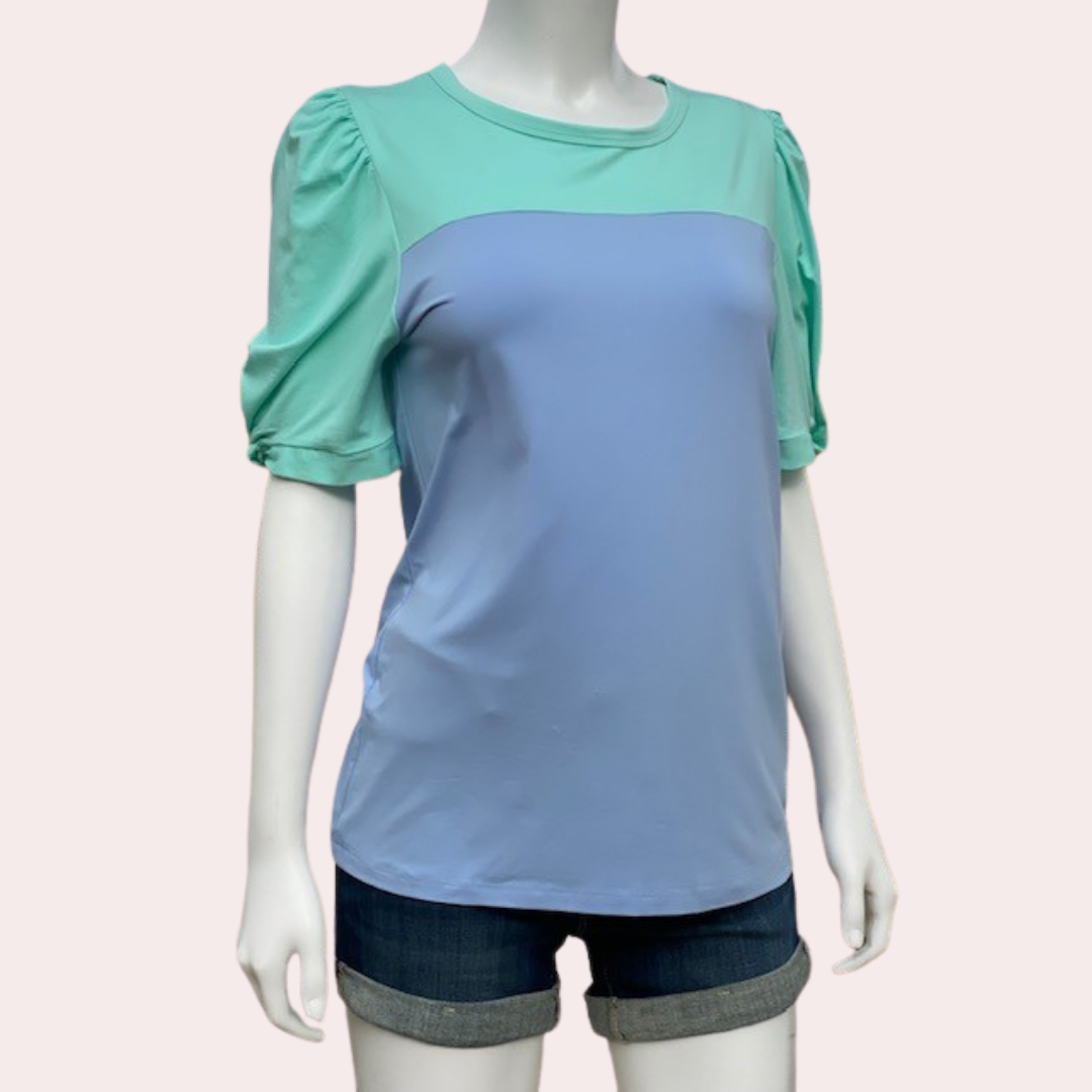 Mint and blue puff sleeve top