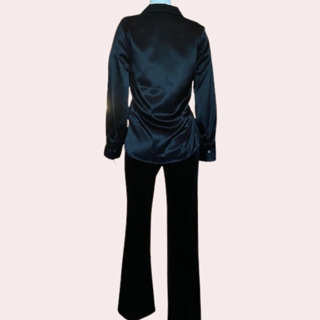 Black satin one button curved hem top