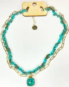 Turquoise acrylic and gold paperclip chain double strand necklace