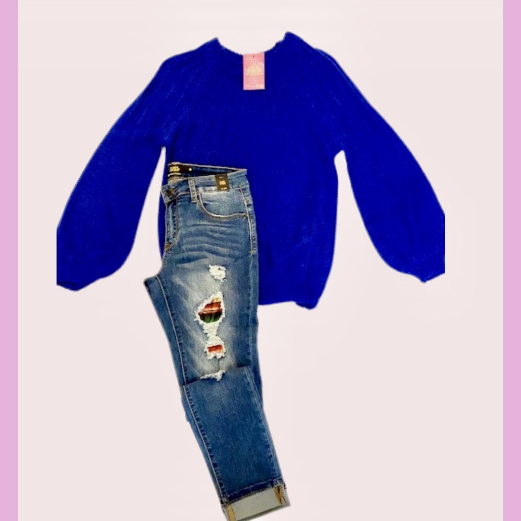 Cobalt blue long puff sleeve sweater