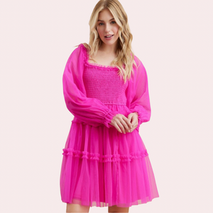 Hot pink mesh tiered dress