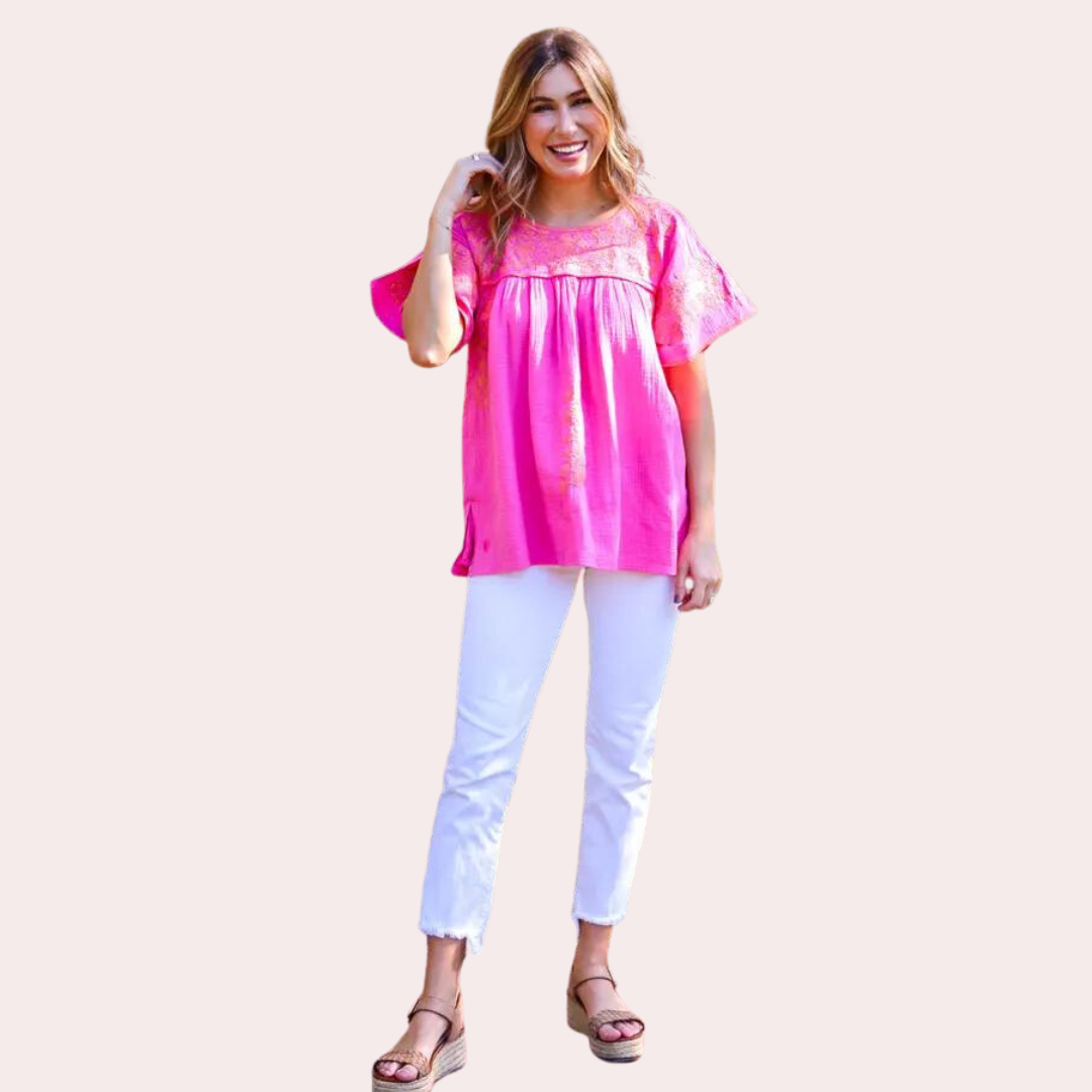 Hot pink and orange embroidered top