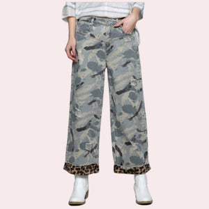 Camo and leopard print denim jeans