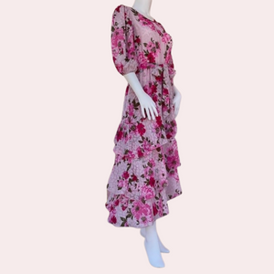Pink floral asymmetrical ruffle midi dress