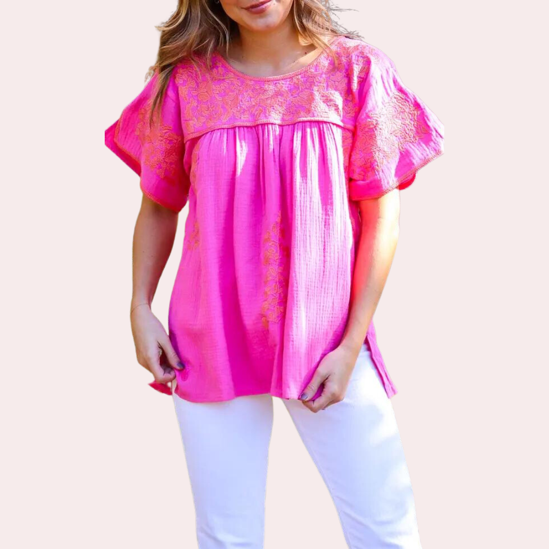 Hot pink and orange embroidered top