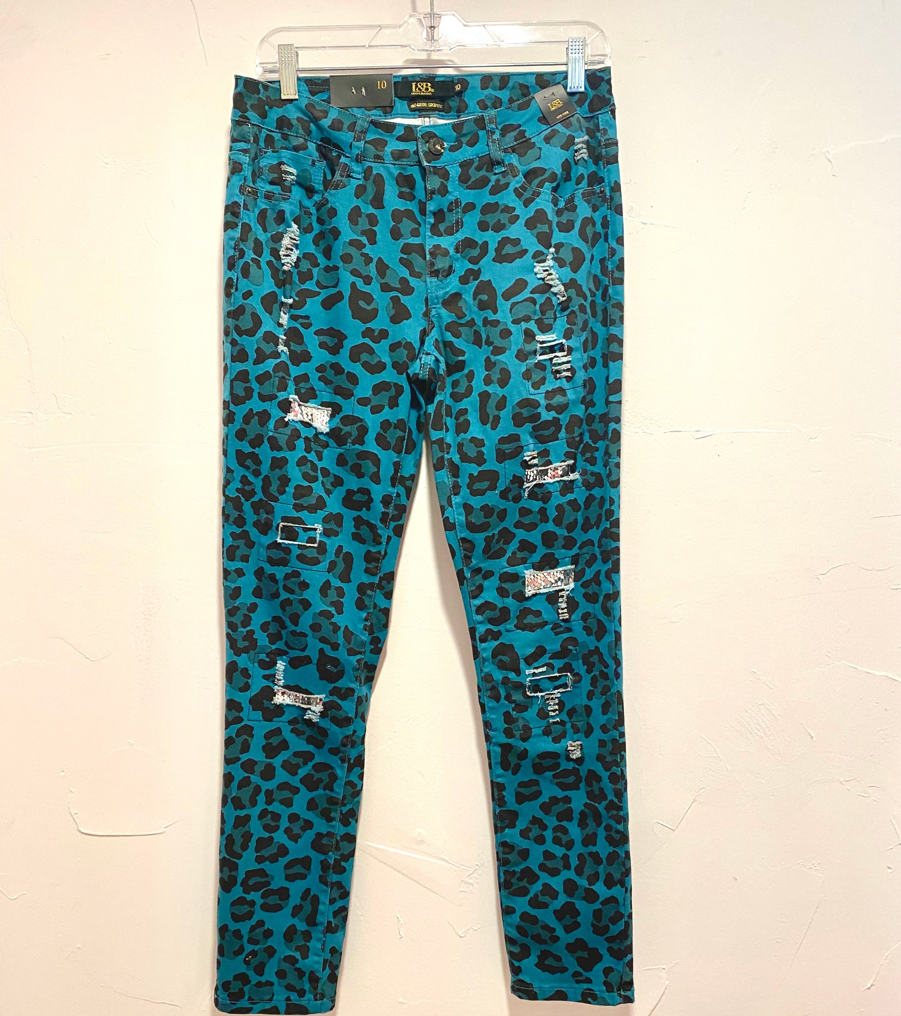 Teal leopard jeans with sequin patch