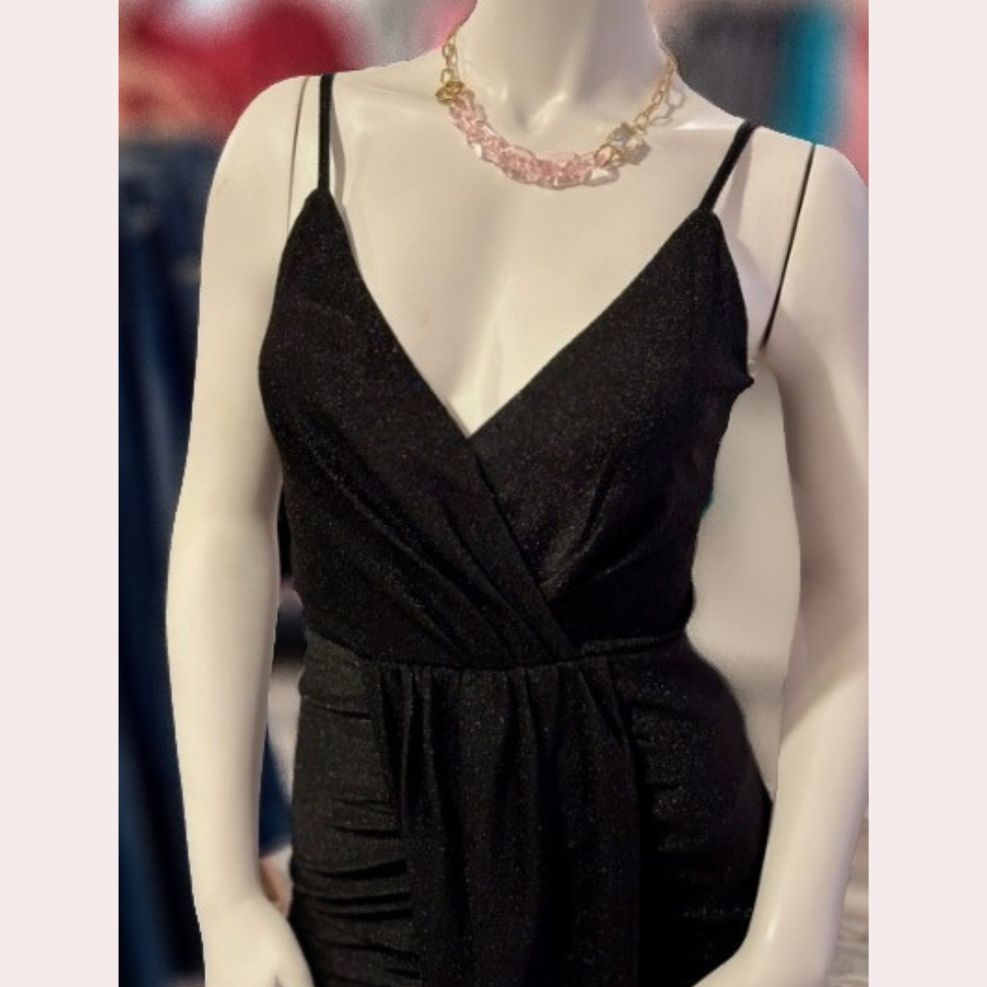 Black metallic lurex knit spaghetti strap dress