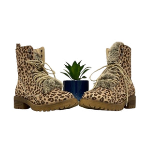 Very G tan leopard combat boot with fur detail