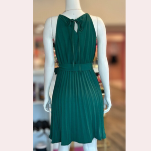 Dark green halter neck pleated dress