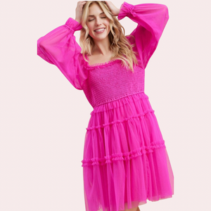 Hot pink mesh tiered dress