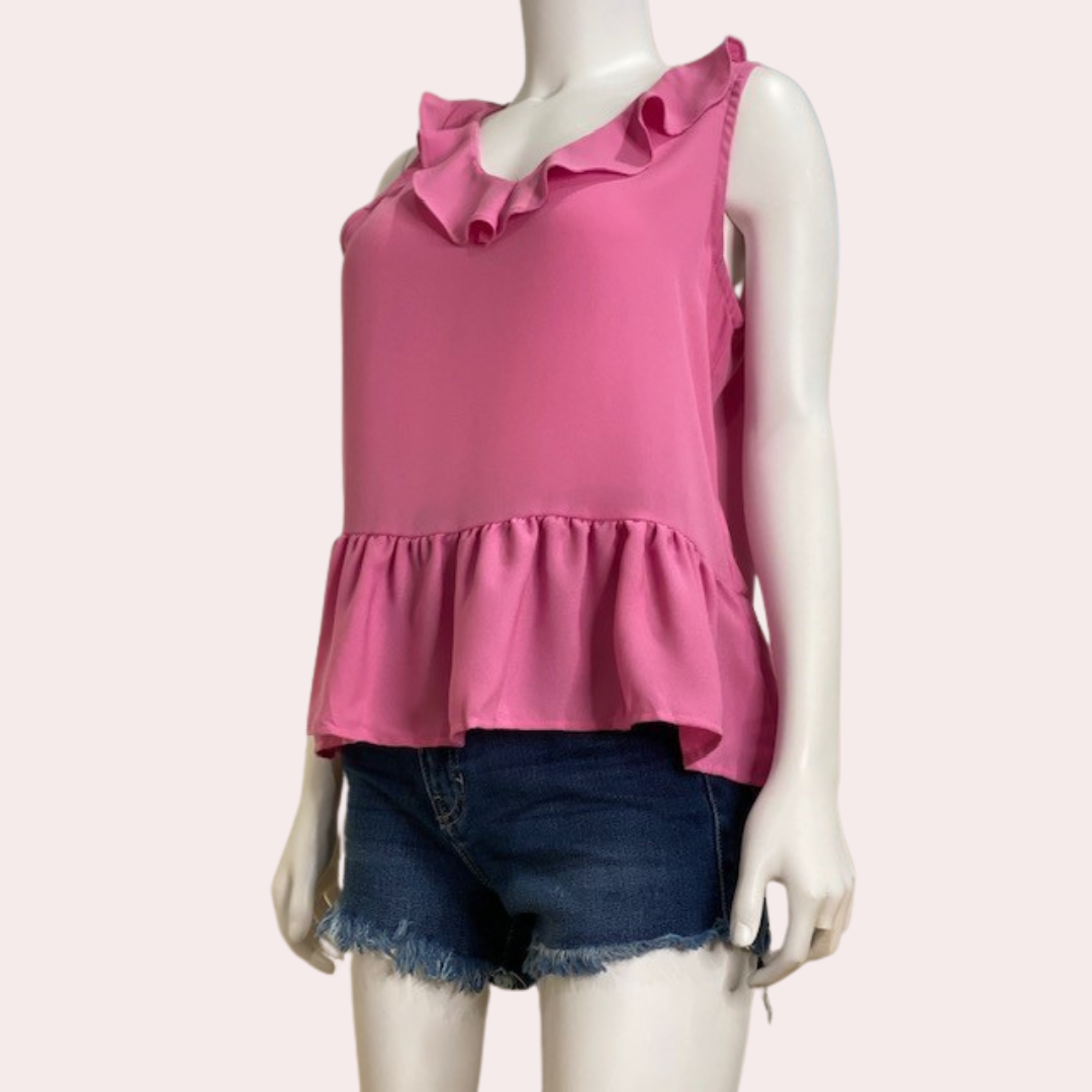 Pink top with ruffle hem and neckline