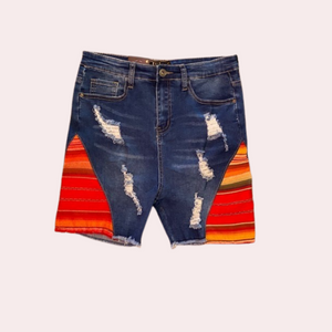 Denim shorts with red serape inserts