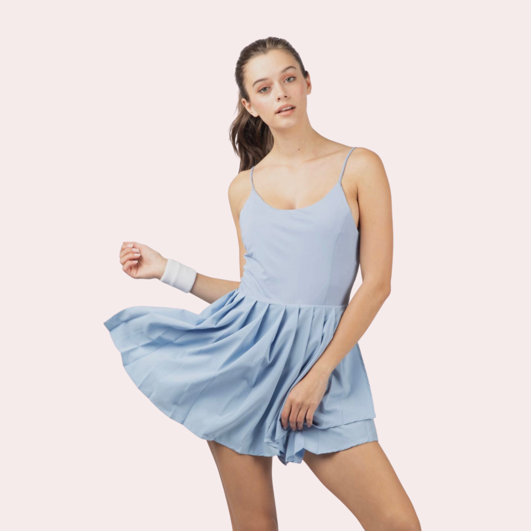 Sky blue pleated cami dress w/shorts lining