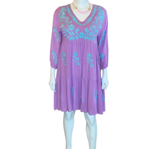 Lilac dress with teal embroidery