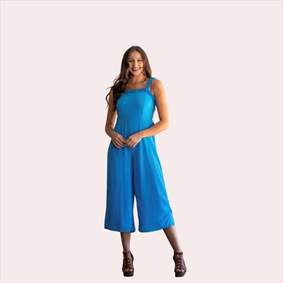 Turquoise smocked wide leg culotte jumpsuit