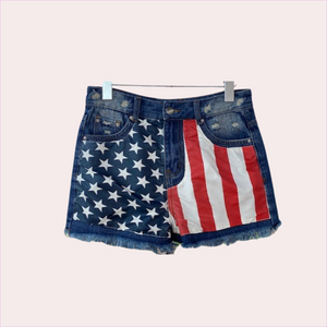 American flag print denim shorts