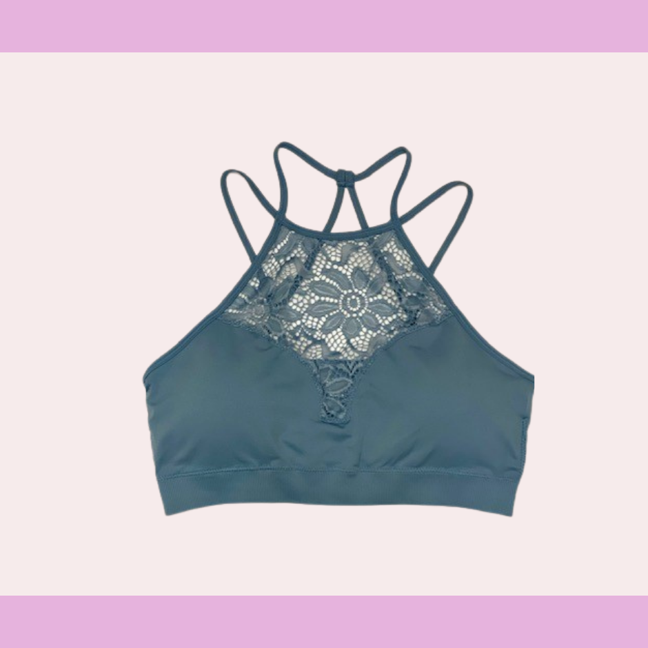 Blue grey high neck lace bralette – All About You Boutique