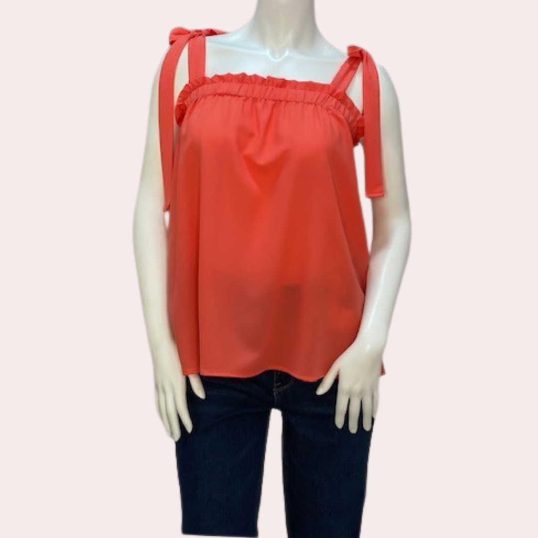 Coral ruffle frilled top with shoulder sash strap tie